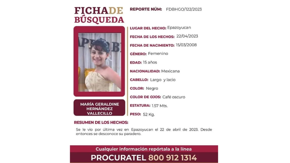 Ayúdanos a encontrar María Geraldine, quinceañera desaparecida en Epazoyucan.
