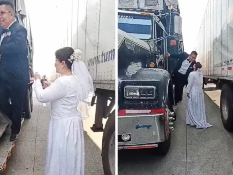 Novios celebran su boda con todo y sesión de fotos durante bloqueo en la autopista México-Puebla.