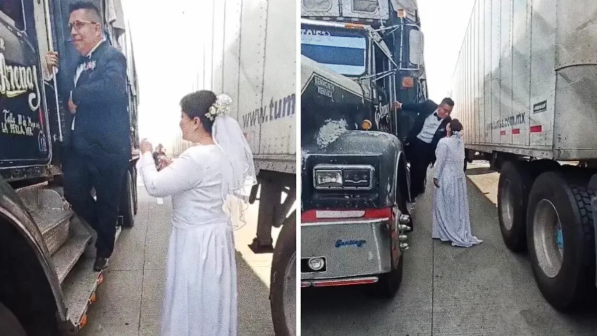 Novios celebran su boda con todo y sesión de fotos durante bloqueo en la autopista México-Puebla.