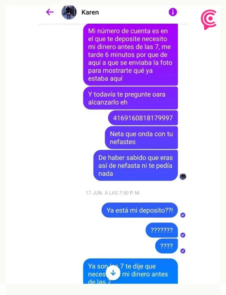 Captura de pantalla del chat con la estafadora.