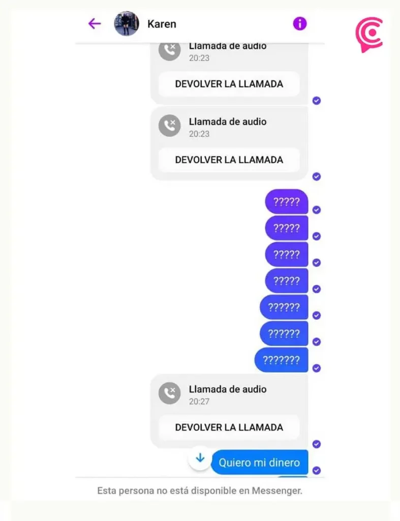 Captura de pantalla del chat con la estafadora.