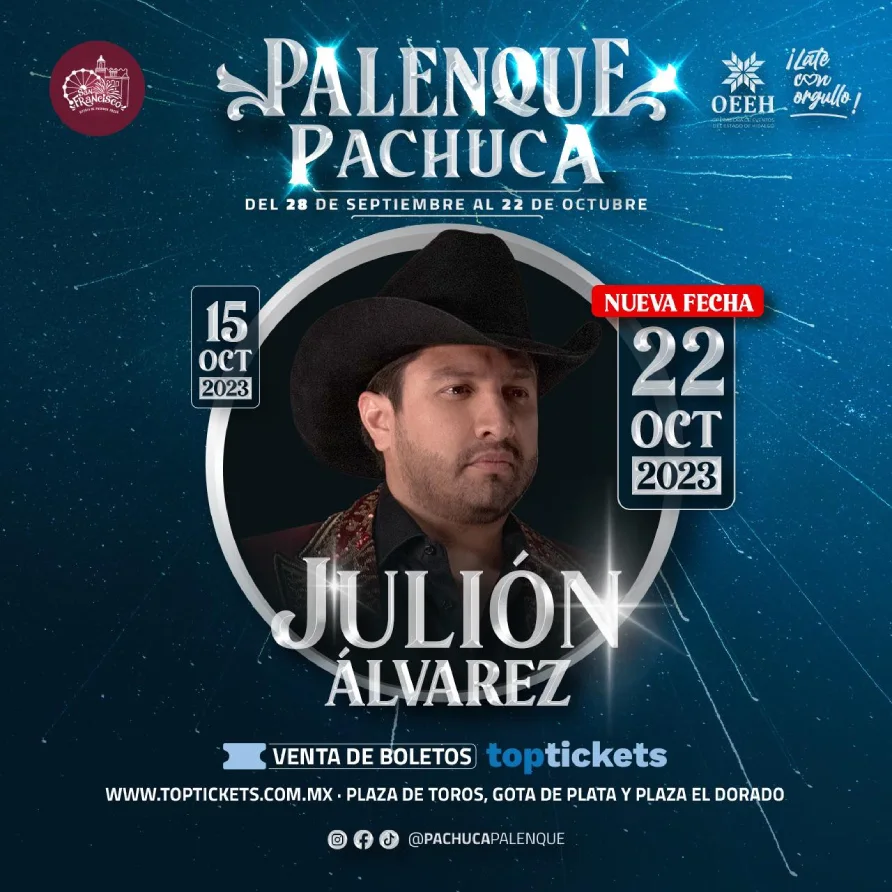 Julión Álvarez y Carín León tendrán fecha doble en el Palenque de la Feria de Pachuca.
