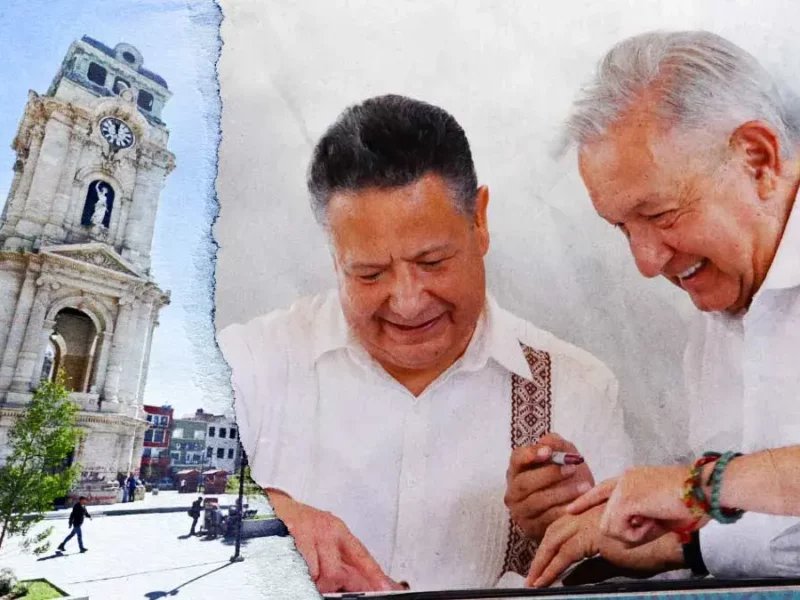 AMLO y Menchaca acuerdan trabajos para restauración del Reloj Monumental de Pachuca.