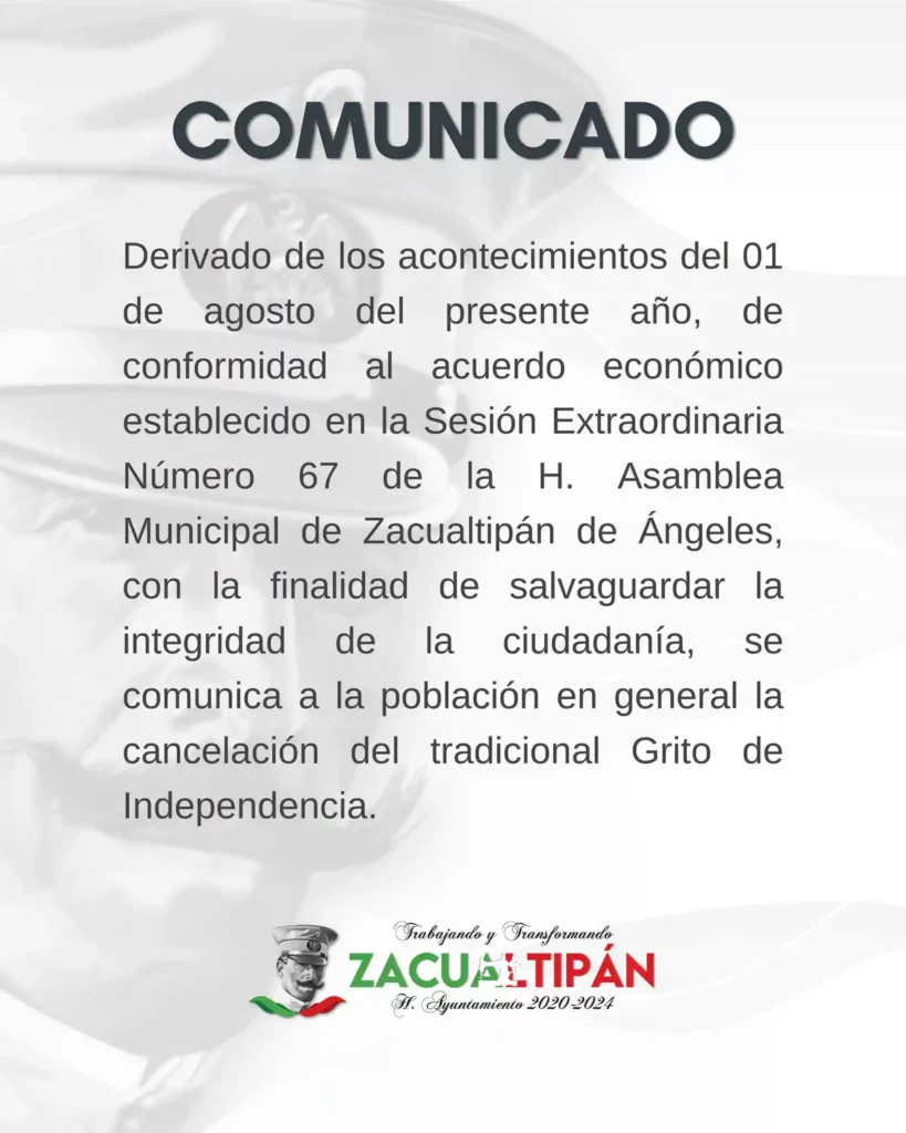Ayuntamiento de Zacualtipán cancela sus fiestas patrias