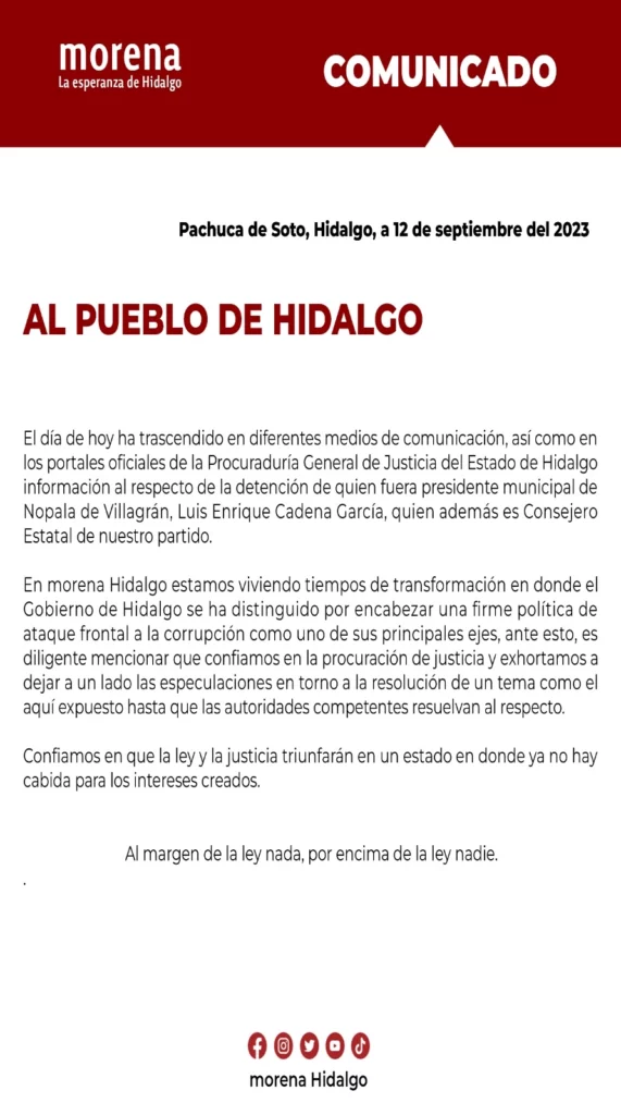 Morena Hidalgo minimiza detención de exedil de Nopala de Villagrán por desvíos; pide “no especular”