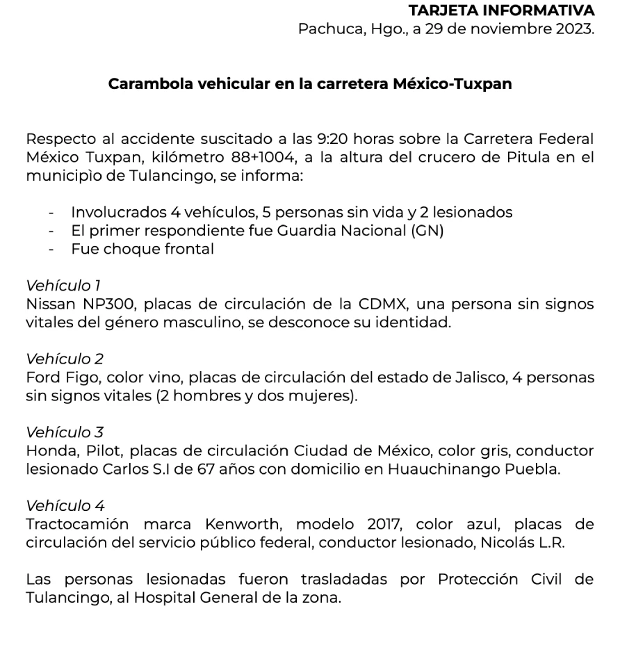 Comunicado sobre carambola en carretera México-Tuxpan.