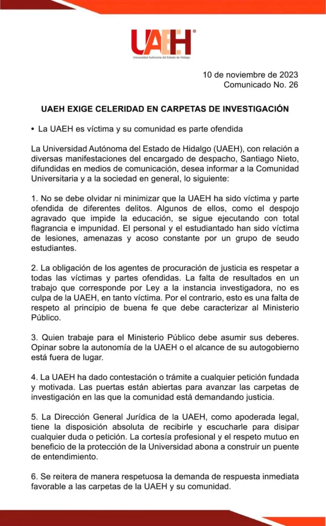 UAEH responde tras acusaciones de Santiago Nieto; niega obstaculizar investigación