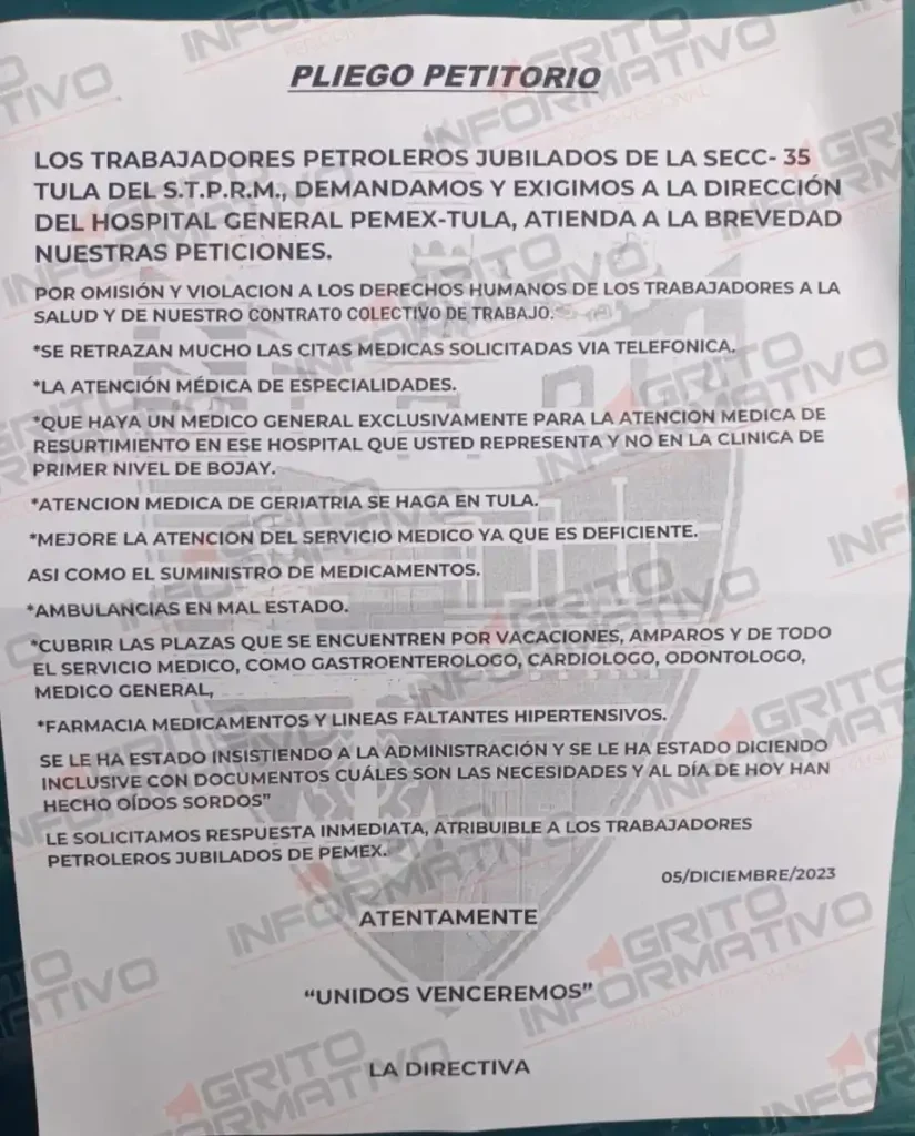 Jubilados protestan por mal servicio en el hospital Pemex de Tula de Allende