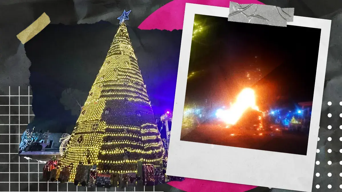 Se incendia árbol de Navidad en el centro de Chilcuautla