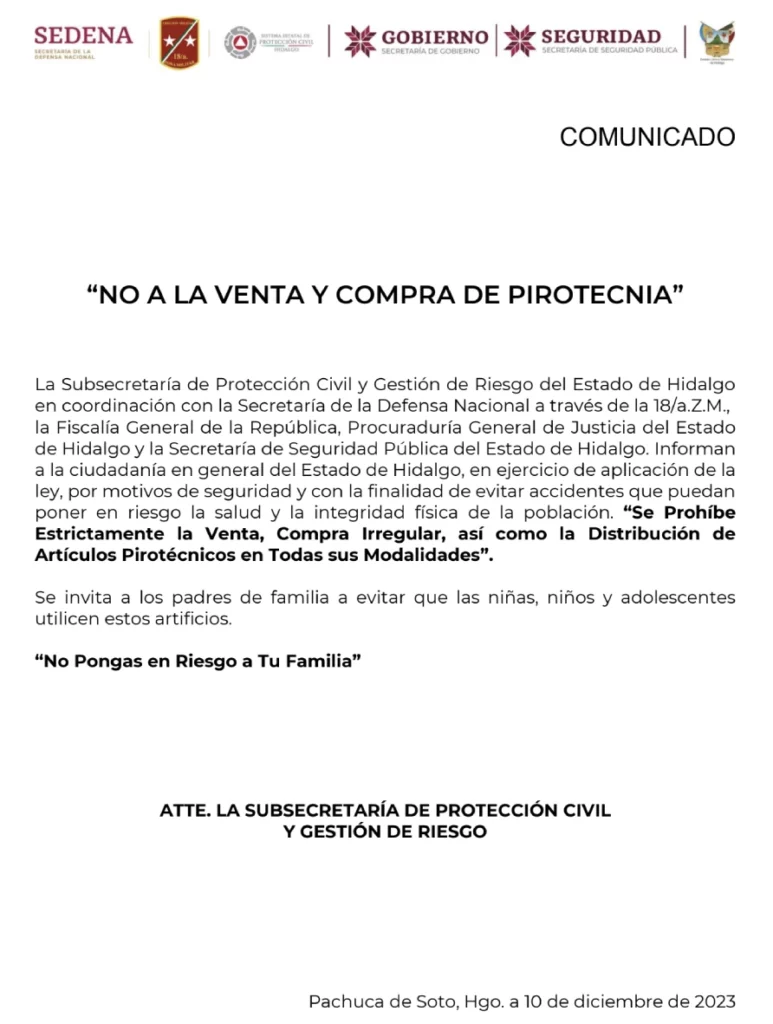 Prohibición de compra y venta de pirotecnia en Hidalgo.