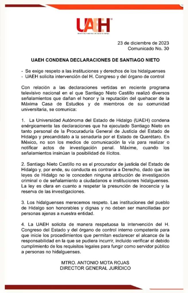 Santiago Nieto revela investigaciones contra la UAEH; universidad responde exigiendo intervención del Congreso