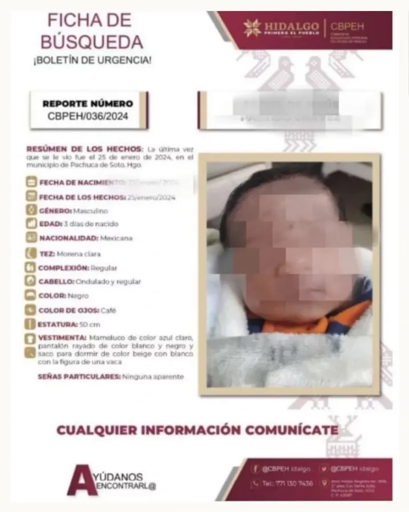 Encuentran en el Estado de México a bebé recién nacido robado por su niñera en Pachuca